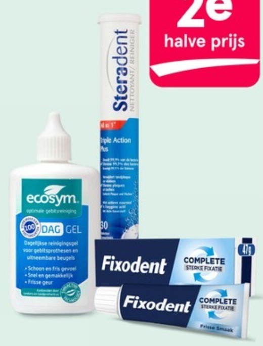 Fixodent, Ecosym, Steradent en Corega mondprothese-verzorging