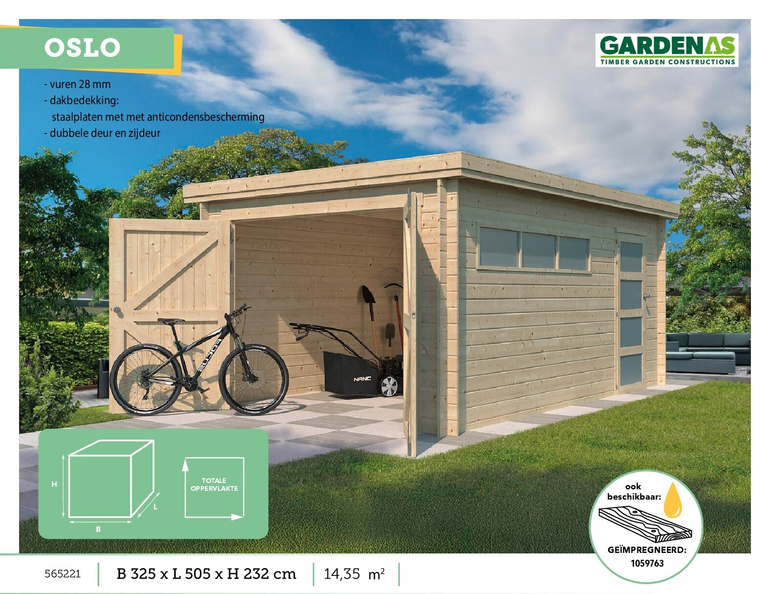 Gardenas Oslo garage 325x505x232 cm hout + zijdeur