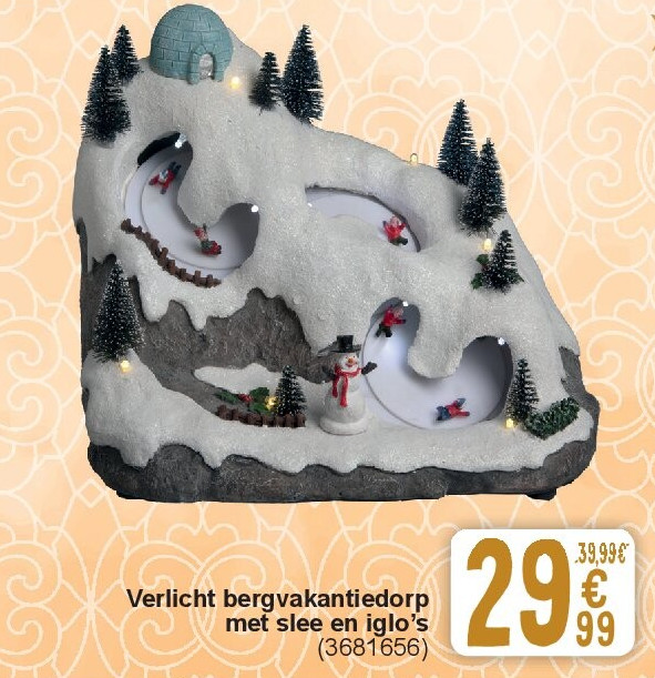 Verlicht bergvakantiedorp met slee en iglo’s