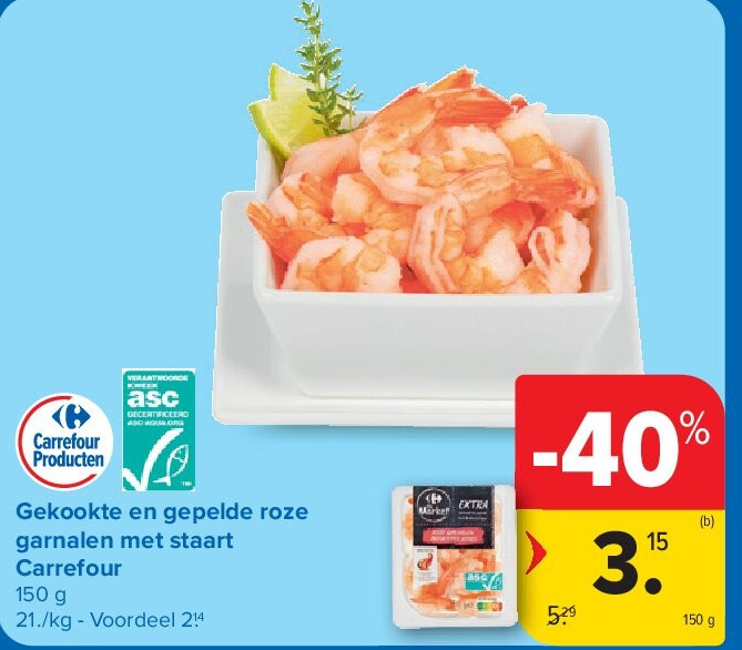 Gekookte en gepelde roze garnalen met staart Carrefour