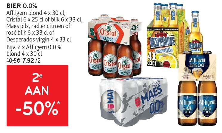 BIER 0.0% Affl igem blond 4 x 30 cl, Cristal 6 x 25 cl of blik 6 x 33 cl, Maes pils, radler citroen of rosé blik 6 x 33 cl of Desperados virgin 4 x 33 c