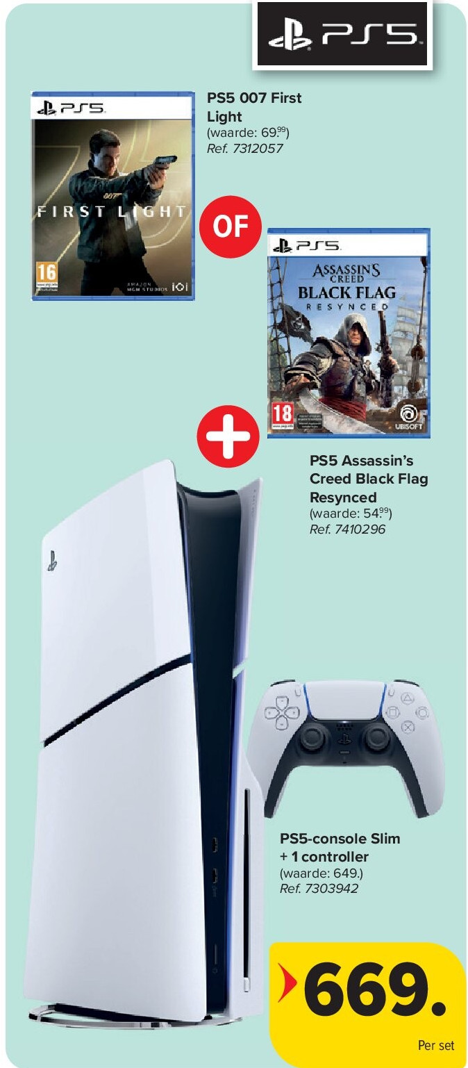 PS5 007 First Light + PS5 Assassin’s Creed Black Flag Resynced + PS5-console Slim + 1 controller