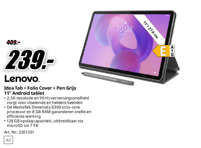 Lenovo Idea Tab + Folio Cover + Pen Grijs 11” Android tablet