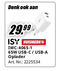 IWC-4065-1 65W USB-C / USB-A Oplader