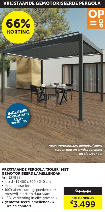 VRIJSTAANDE PERGOLA "SOLER" MET GEMOTORISEERD LAMELLENDAK