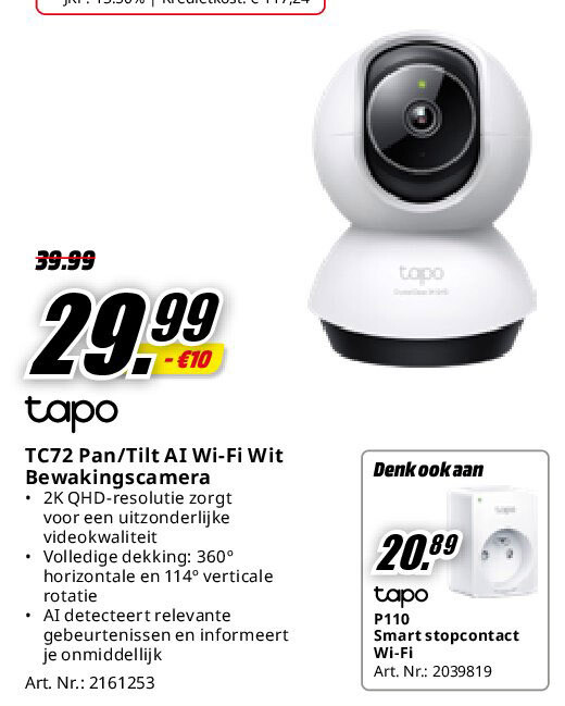 TC72 Pan/Tilt AI Wi-Fi Wit Bewakingscamera