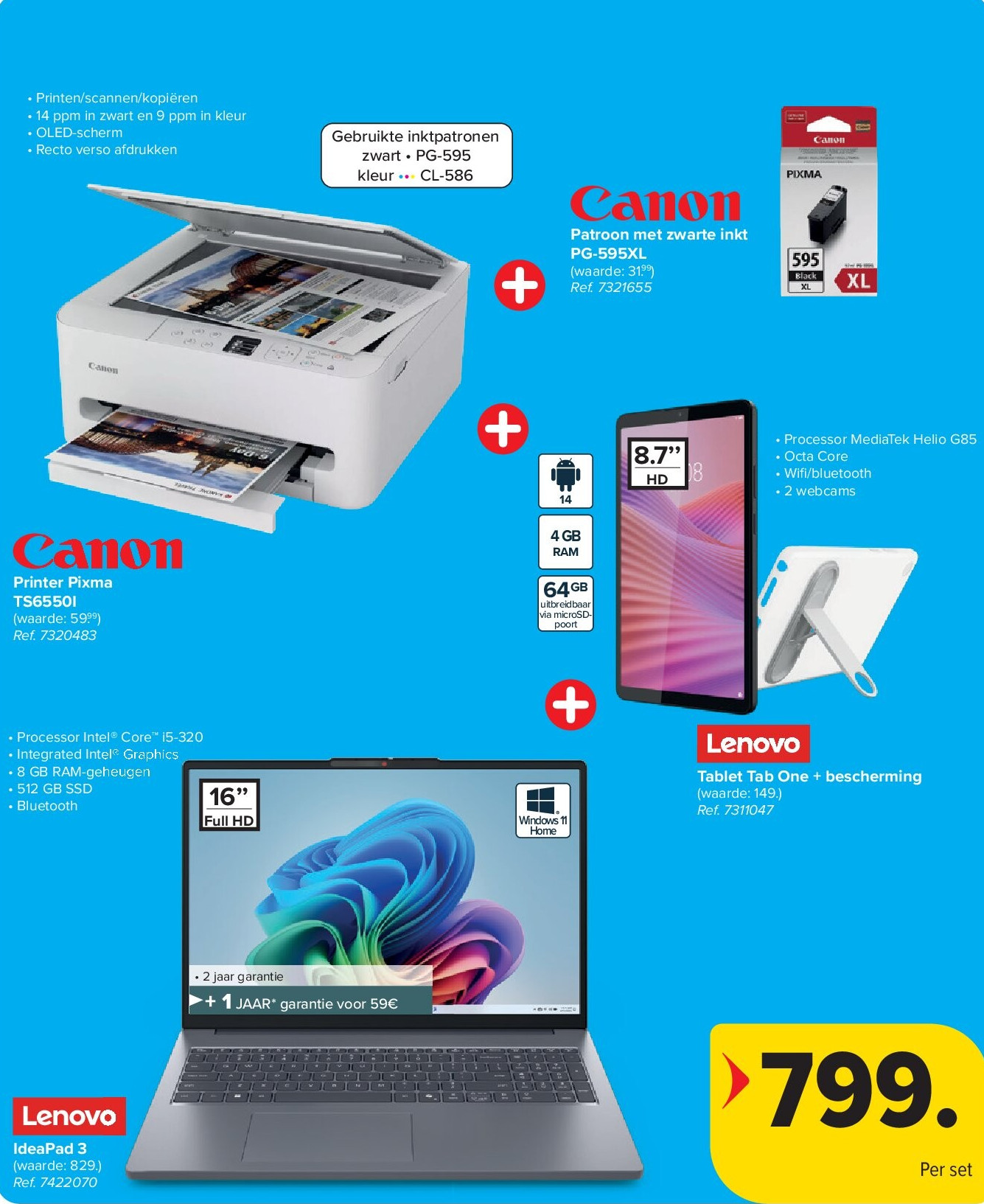 Patroon met zwarte inkt PG-595XL + Patroon met zwarte inkt PG-595XL + Tablet Tab One + bescherming + IdeaPad 3