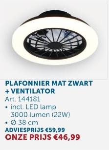 PLAFONNIER MAT ZWART + VENTILATOR