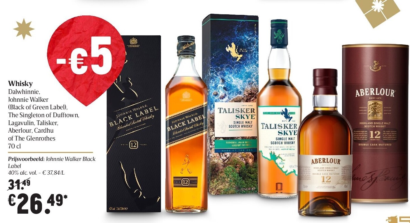 Whisky Dalwhinnie, Johnnie Walker (Black of Green Label). The Singleton of Dufftown. Lagavulin, Talisker. Aberlour, Cardhu of The Glenrothes 70 cl