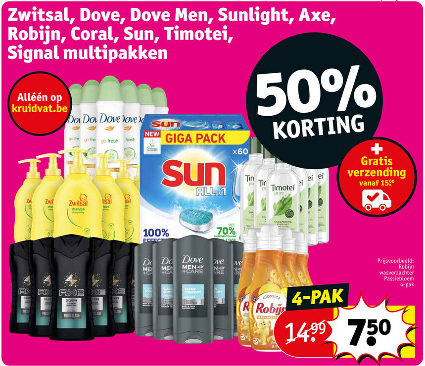 Zwitsal, Dove, Dove Men, Sunlight, Axe, Robijn, Coral, Sun, Timotei, Signal multipakken