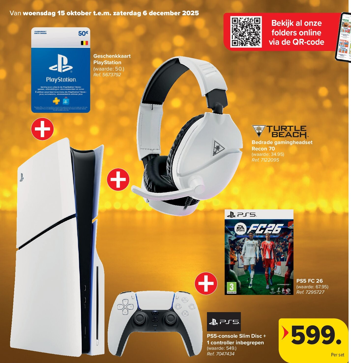 Geschenkkaart PlayStation + Bedrade gamingheadset Recon 70 + PS5 FC 26 + PS5-console Slim Disc + 1 controller inbegrepen