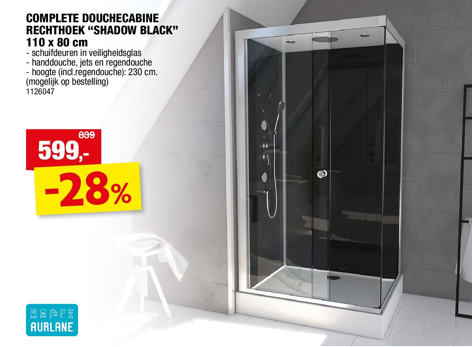 COMPLETE DOUCHECABINE RECHTHOEK “SHADOW BLACK” 110 x 80 cm
