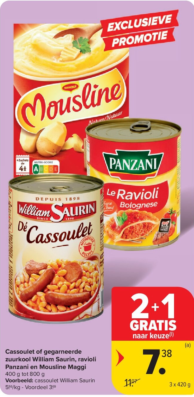 Cassoulet of gegarneerde zuurkool William Saurin, ravioli Panzani en Mousline Maggi