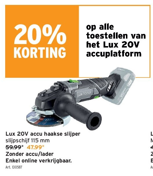 Lux 20V accu haakse slijper