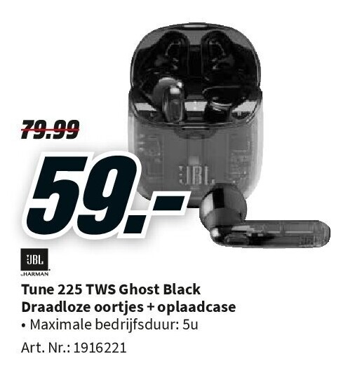 Tune 225 TWS Ghost Black Draadloze oortjes + oplaadcase