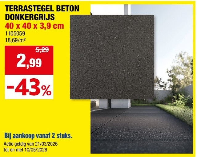 TERRASTEGEL BETON DONKERGRIJS 40 x 40 x 3,9 cm