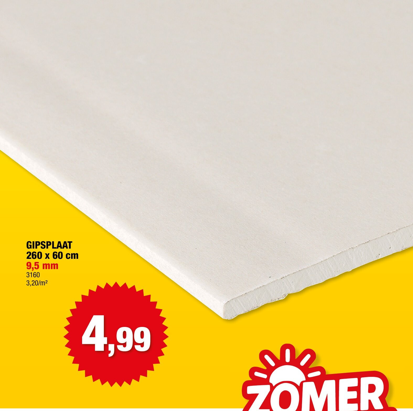 GIPSPLAAT 260 x 60 cm 9,5 mm