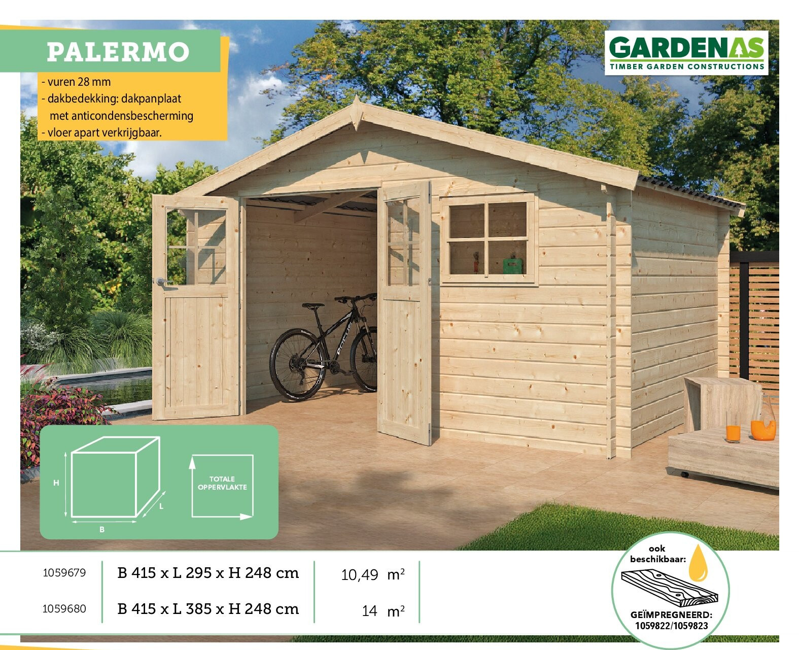 Gardenas Palermo L houten tuinhuis 415x295x248 cm blokhut anticondensbescherming