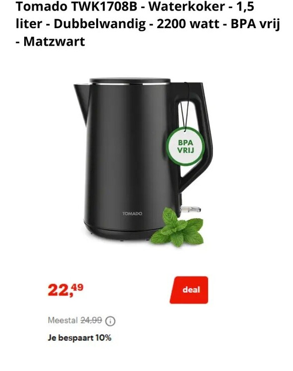 Tomado TWK1708B - Waterkoker - 1,5 liter - Dubbelwandig - 2200 watt - BPA vrij