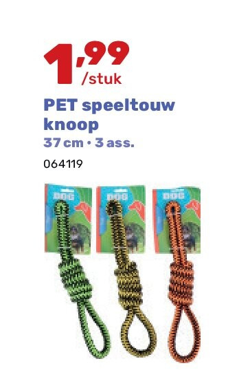 PET speeltouw knoop 37 cm • 3 ass.