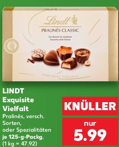 LINDT Exquisite Vielfalt Pralinés, versch. Sorten, oder Spezialitäten je 125-g-Packg. (1 kg = 47.92)