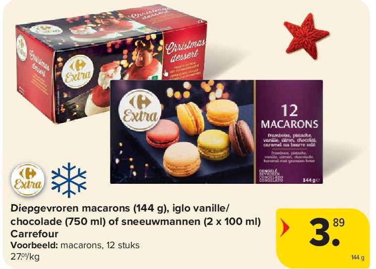 Diepgevroren macarons (144 g), iglo vanille/ chocolade (750 ml) of sneeuwmannen (2 x 100 ml)
