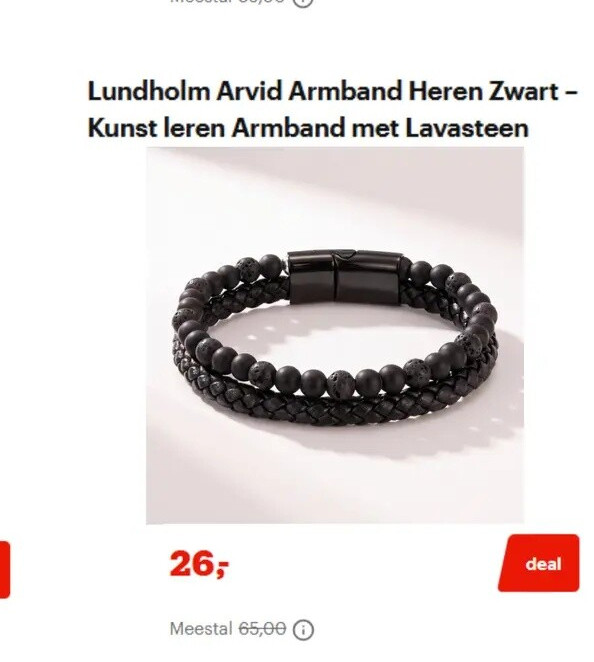 Lundholm Arvid Armband Heren Zwart - Kunst leren Armband met Lavasteen