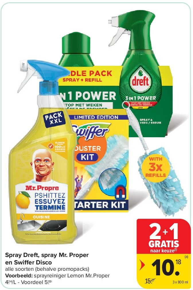 Spray Dreft, spray Mr. Proper en Swiffer Disco