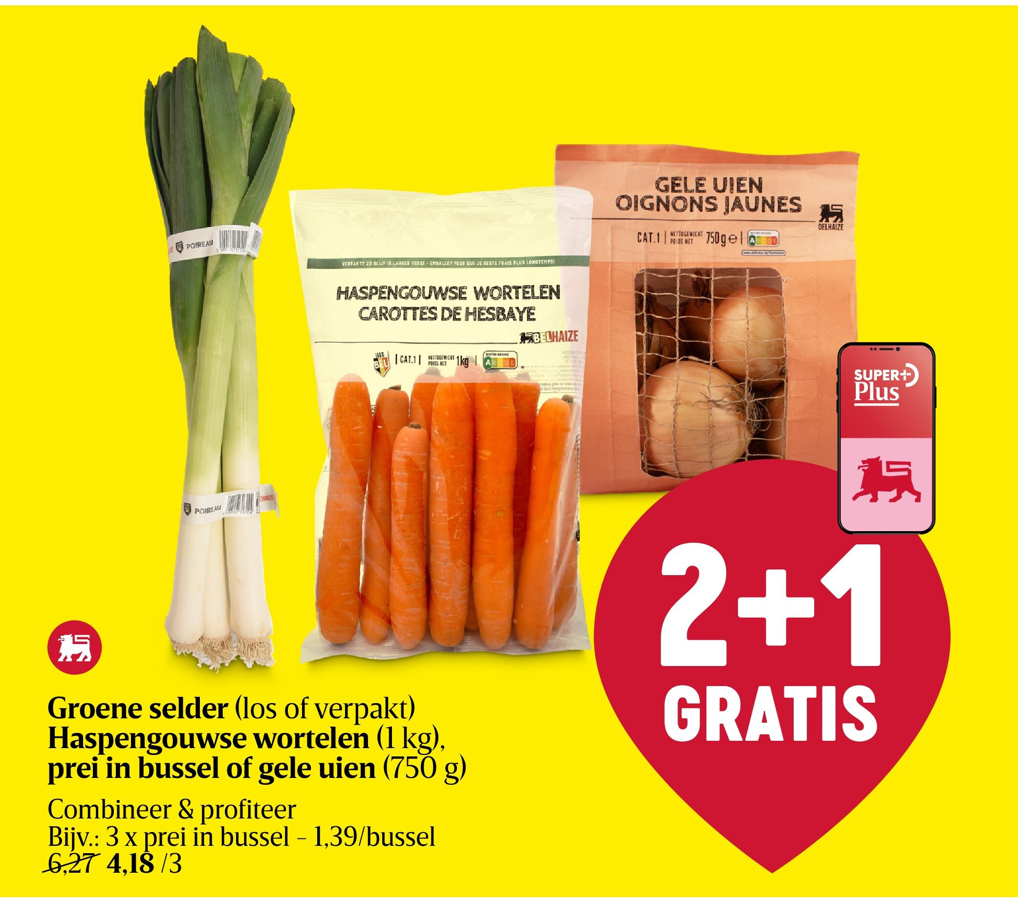 Groene selder (los of verpakt) Haspengouwse wortelen (1 kg), prei in bussel of gele uien (750 g)