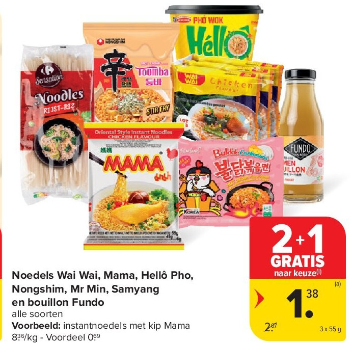 Noedels Wai Wai, Mama, Hellô Pho, Nongshim, Mr Min, Samyang en bouillon Fundo