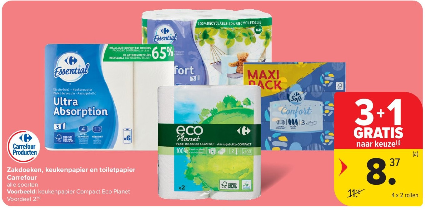 Zakdoeken, keukenpapier en toiletpapier Carrefour