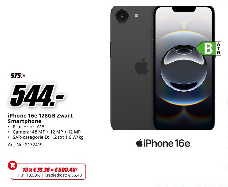 iPhone 16e 128GB Zwart Smartphone