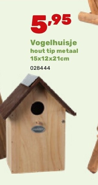 Vogelhuisje hout tip metaal 15x12x21cm