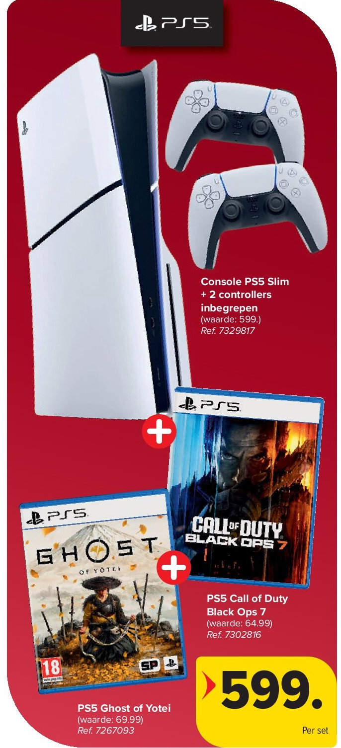 Console PS5 Slim + 2 controllers inbegrepen + PS5 Ghost of Yotei + PS5 Call of Duty Black Ops 7
