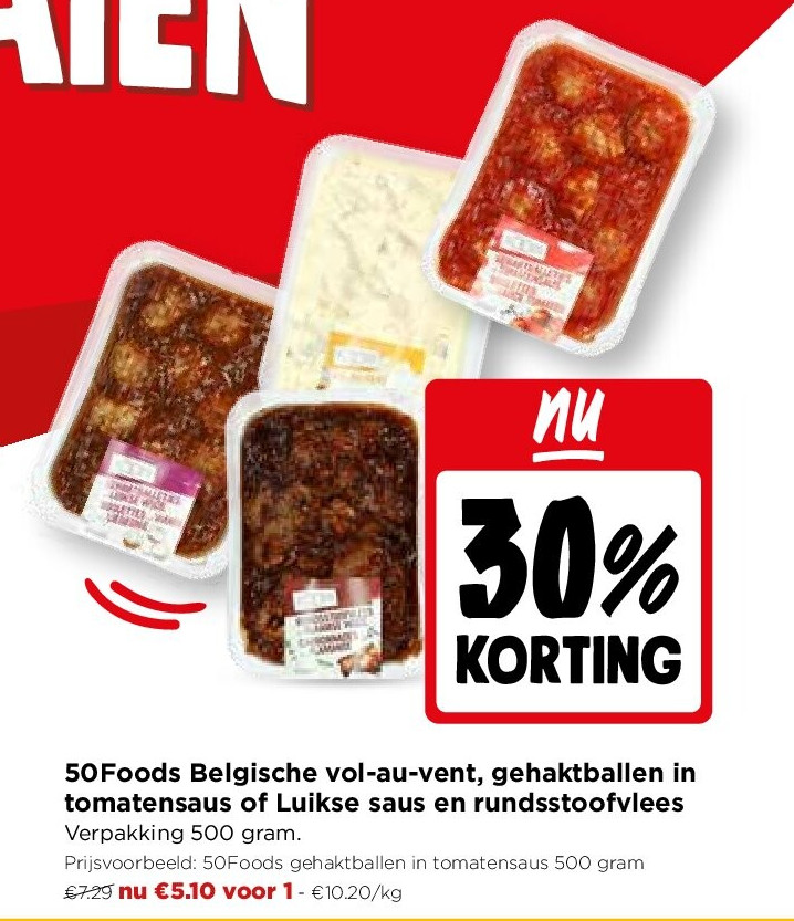 50Foods Belgische vol-au-vent, gehaktballen in tomatensaus of Luikse saus en rundsstoofvlees