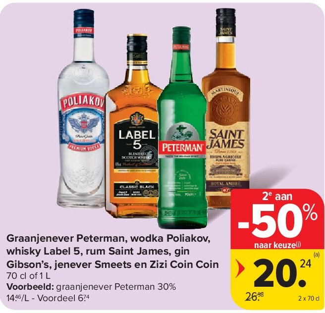 Graanjenever Peterman, wodka Poliakov, whisky Label 5, rum Saint James, gin Gibson’s, jenever Smeets en Zizi Coin Coin