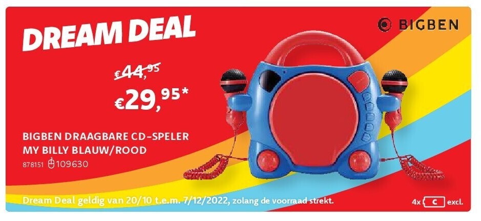 BIGBEN DRAAGBARE CD-SPELER MY BILLY BLAUW/ROOD