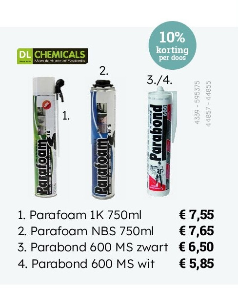 1. Parafoam 1K 750ml 2. Parafoam NBS 750ml 3. Parabond 600 MS zwart 4. Parabond 600 MS wit
