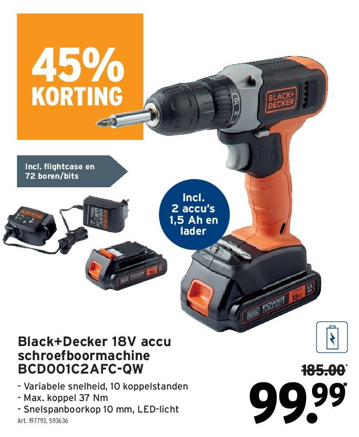 Black+Decker 18V accu schroefboormachine BCD001C2AFC-QW