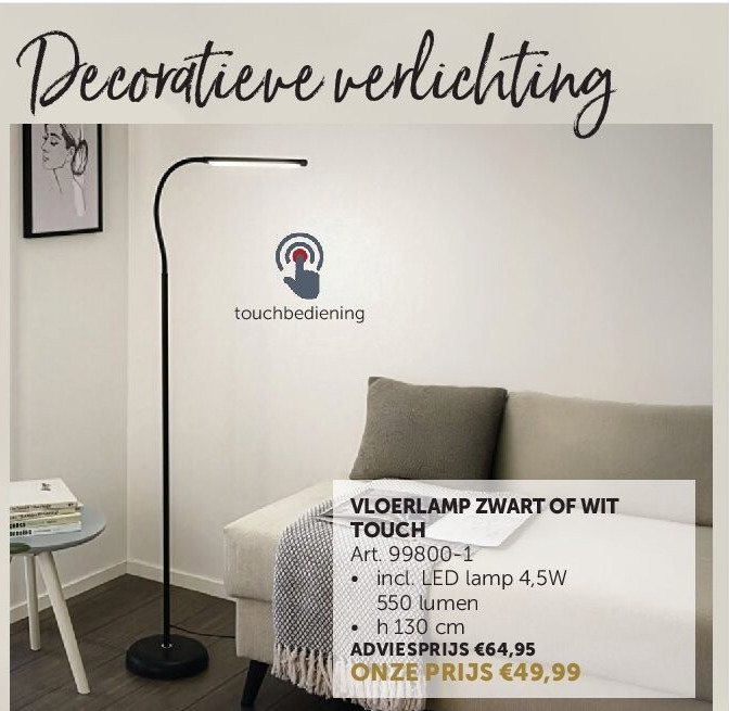 VLOERLAMP ZWART OF WIT TOUCH