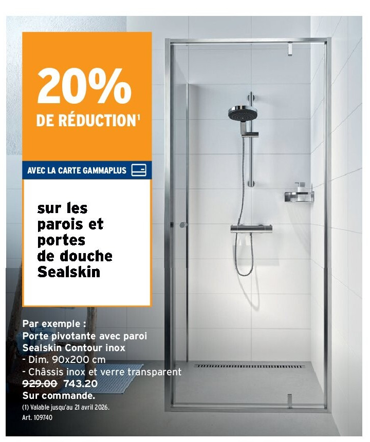 Porte pivotante avec paroi Sealskin Contour inox