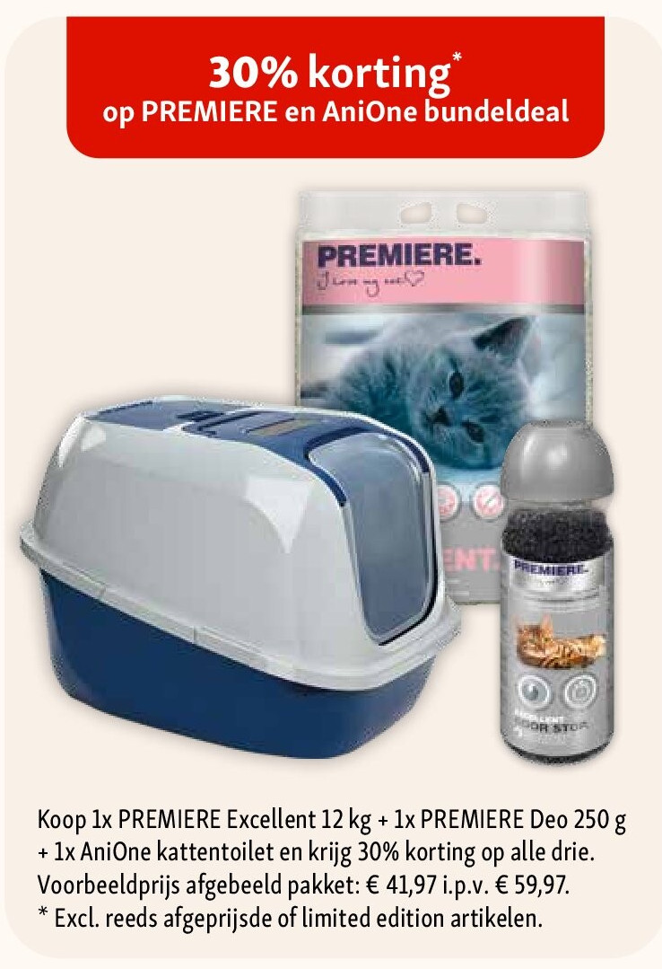 Koop 1x PREMIERE Excellent 12 kg + 1x PREMIERE Deo 250 g + 1x AniOne kattentoilet en krijg 30% korting op alle drie.