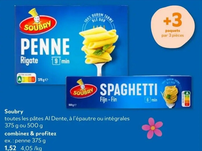 Soubry toutes les pâtes Al Dente, à l'épautre ou intégrales 375 g