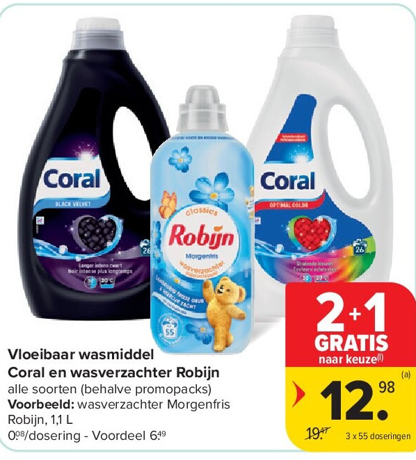 Vloeibaar wasmiddel Coral en wasverzachter Robijn