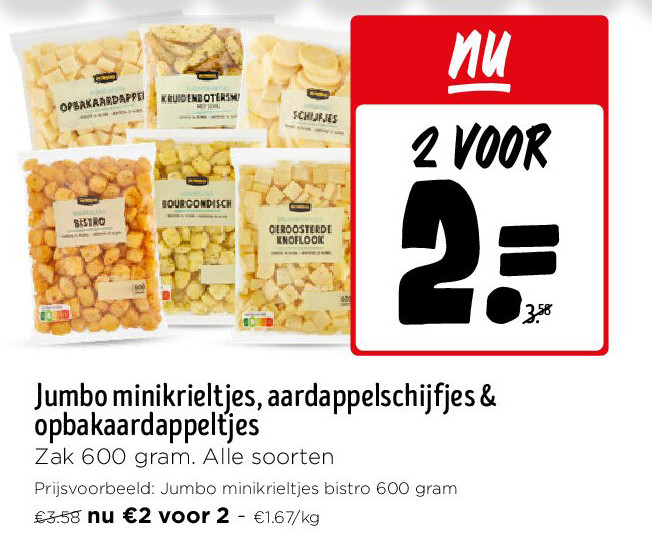 Jumbo minikrieltjes, aardappelschijfjes & opbakaardappeltjes