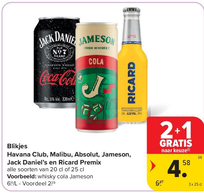 Blikjes Havana Club, Malibu, Absolut, Jameson, Jack Daniel’s en Ricard Premix
