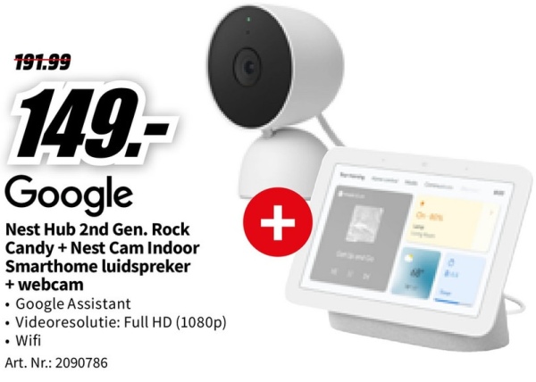 Google Nest Hub 2nd Gen. Rock Candy + Nest Cam Indoor Smarthome luidspreker + webcam