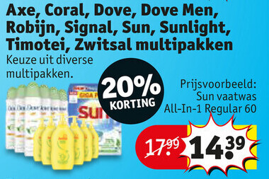 Axe, Coral, Dove, Dove Men, Robijn, Signal, Sun, Sunlight, Timotei, Zwitsal multipakken