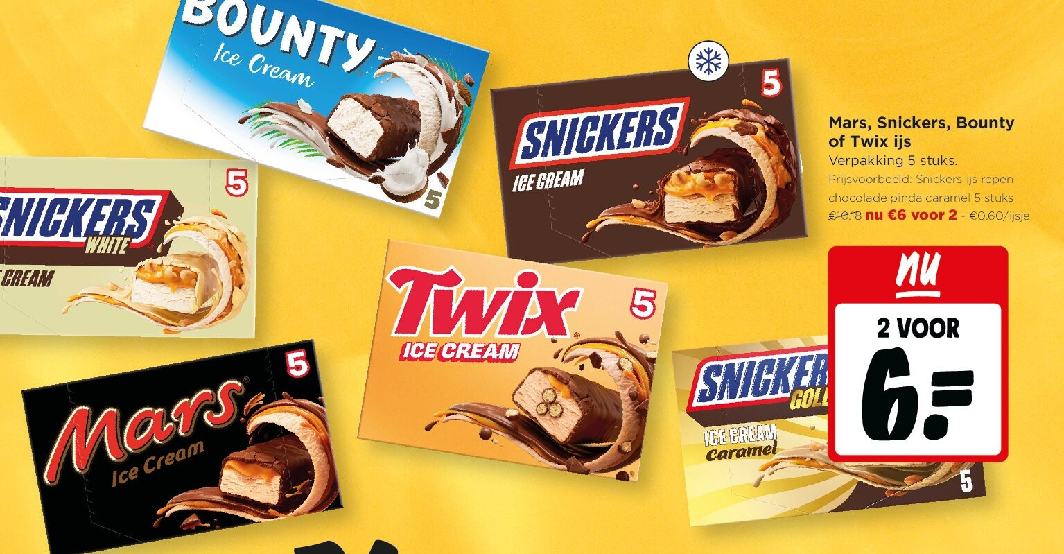 Mars, Snickers, Bounty of Twix ijs