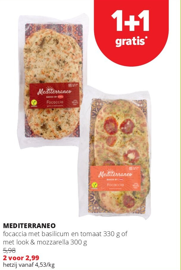 MEDITERRANEO focaccia met basilicum en tomaat 330 g of met look & mozzarella 300 g